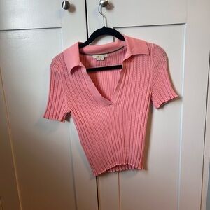 Boden Women’s Ribbed Pointelle Collared Top, Size Medium in Pink